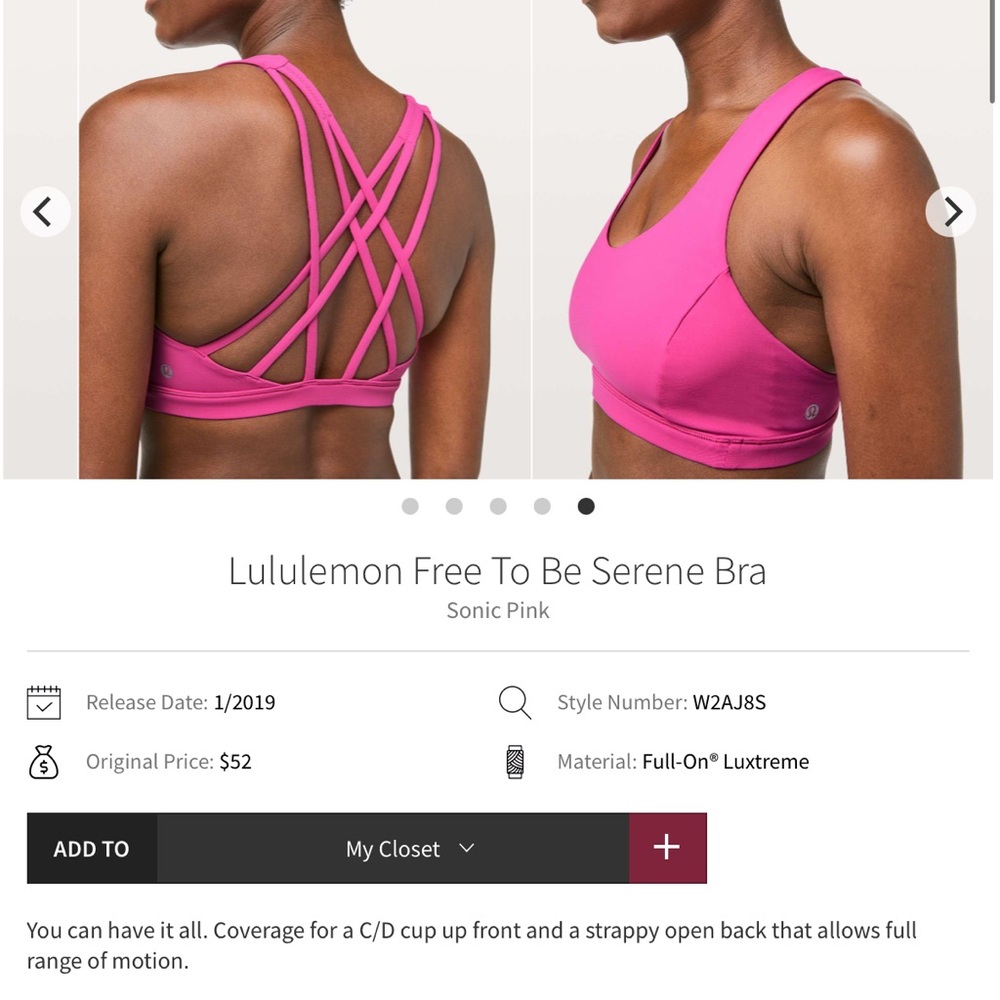 lululemon Free To Be Serene Bra - Sonic Pink; Size 6